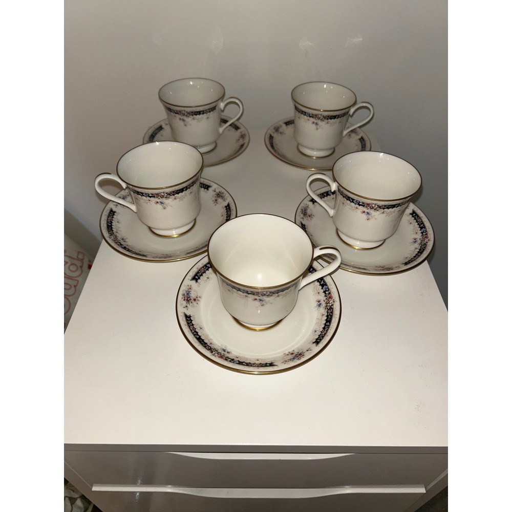 Gorham Nocturne Fine China Tea Cup and Saucer Set of 5 - 24KT Gold Trim Japan